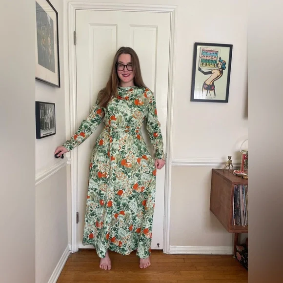 70s Vintage Vegetable Garden Print Green Maxi Dress - Picture 2 of 7